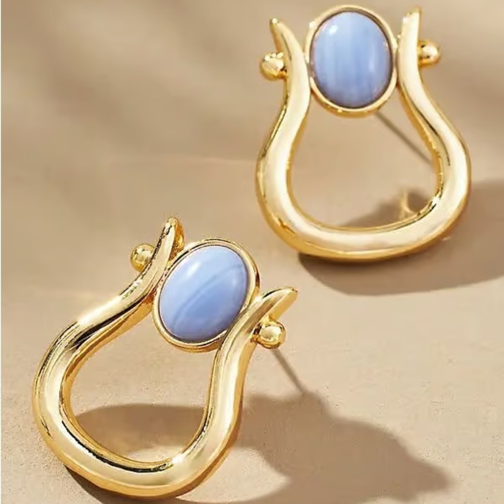 ANTHROPOLOGIE Blue Natural Stone Horseshoe Stud Earrings Gold Plated Greek Lyra